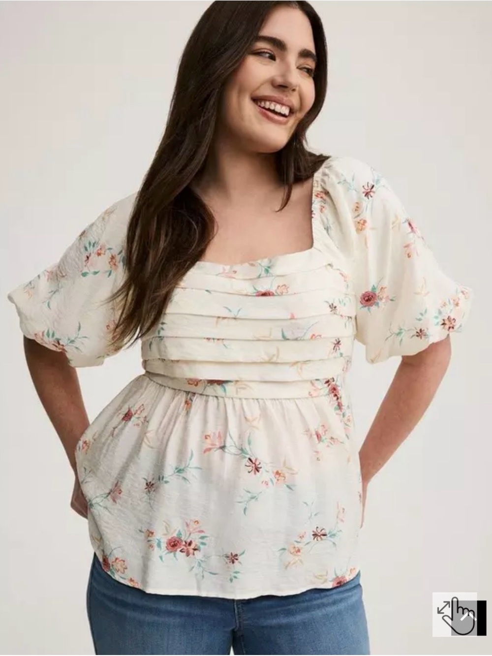 Torrid Cream Floral Smocked Square-Neck Peplum Blouse